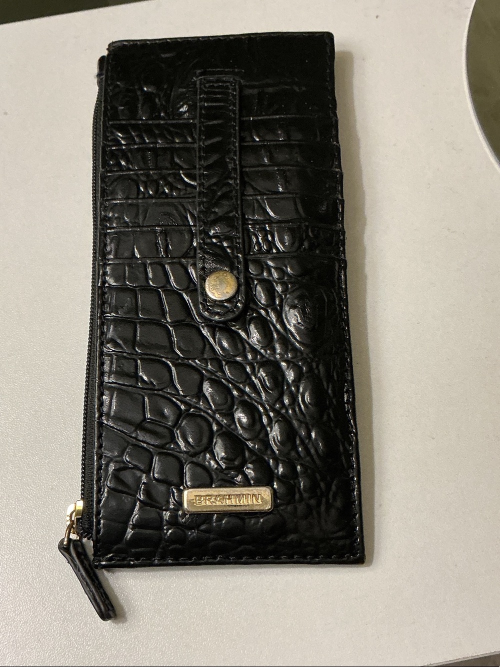 Brahmin Black Croc-Embossed Leather Card Wallet with Gold Hardware